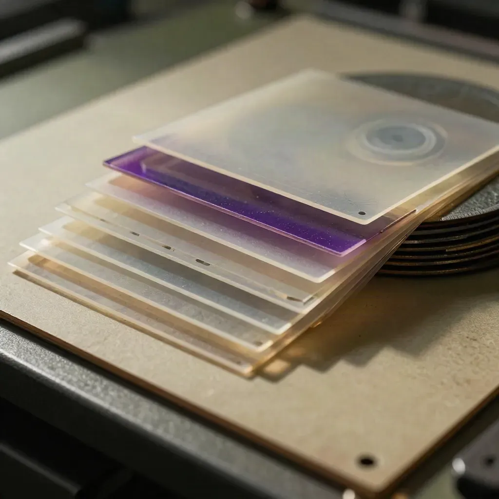 Macro of acetate animation layers, gel strips and frame discs on a backlit bench.