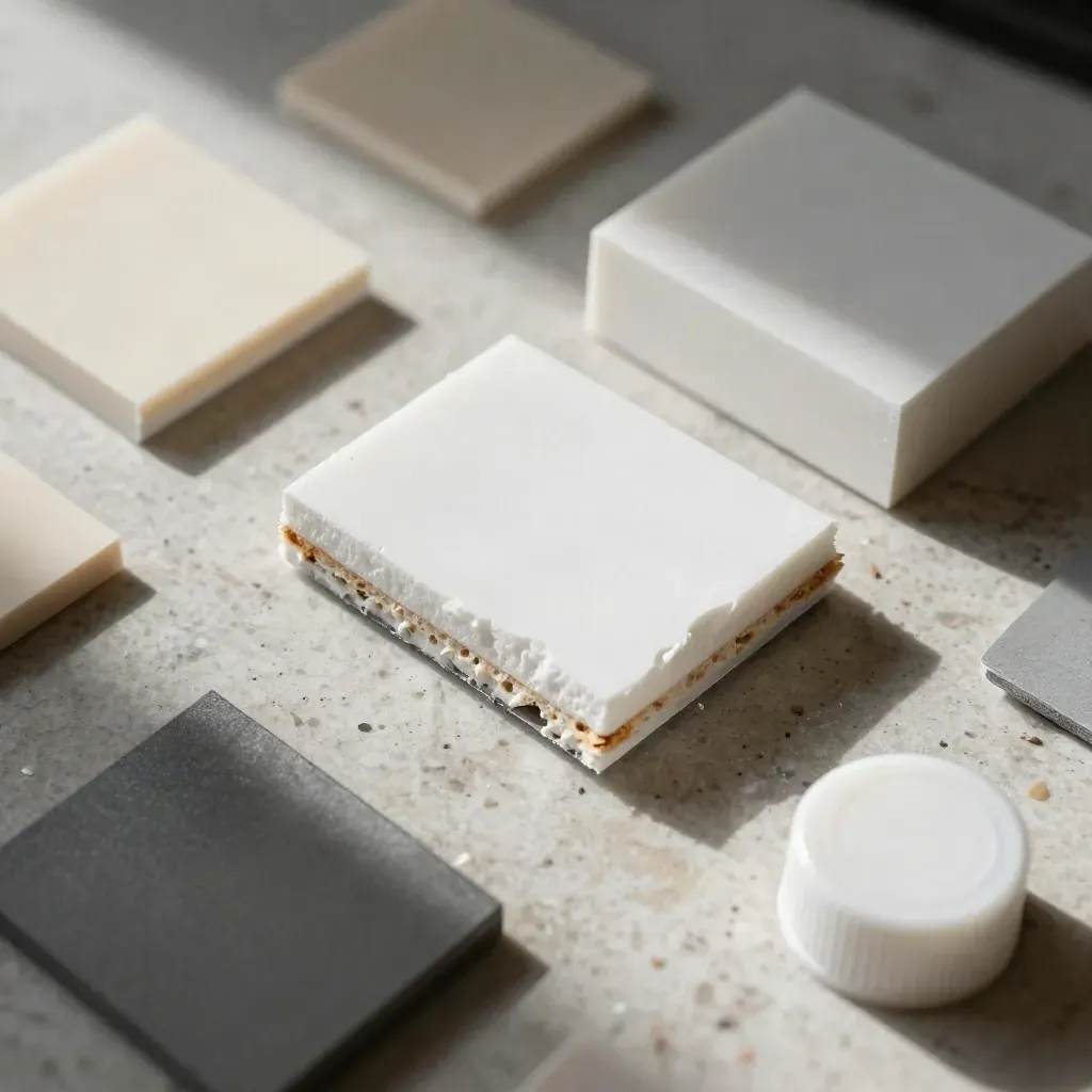 Macro of foam-core, acrylic offcuts, swatch chips and marker caps on a travertine workbench.