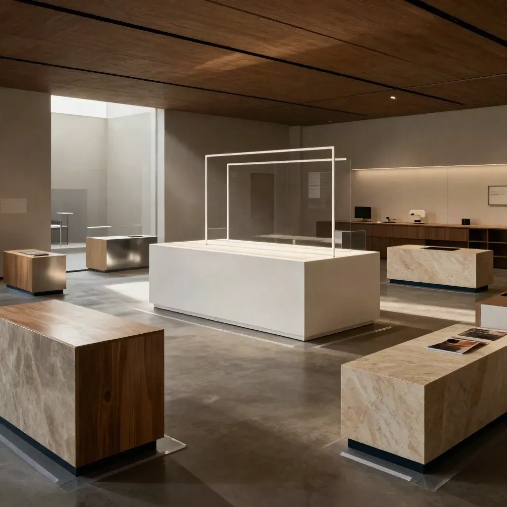 Completed XR showroom model with plinths, pathway markers, and a central demo island