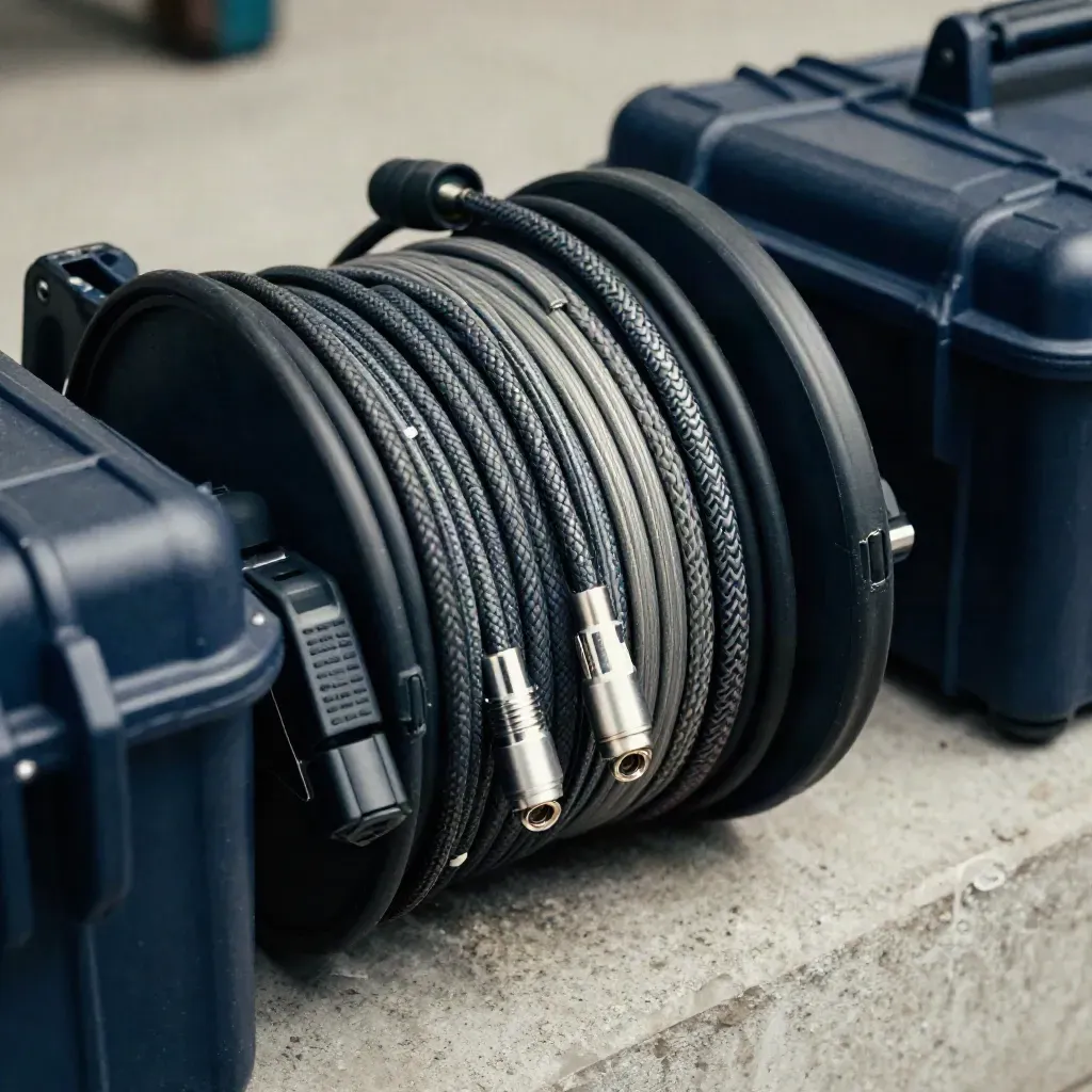 Macro of a packed XR field kit with coiled fiber cables, adapters, battery bricks and a hard case corner.