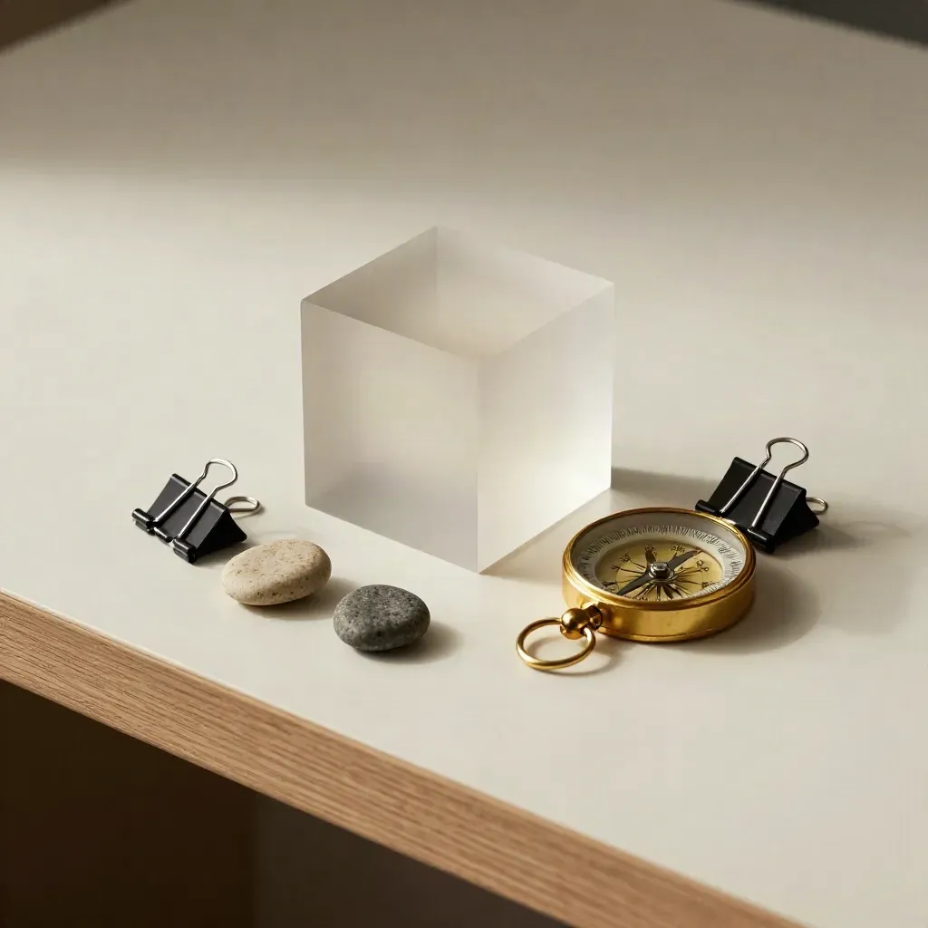 Overhead still-life of a briefing cube, brass compass, stone chips, and binder clip on a pale desk.