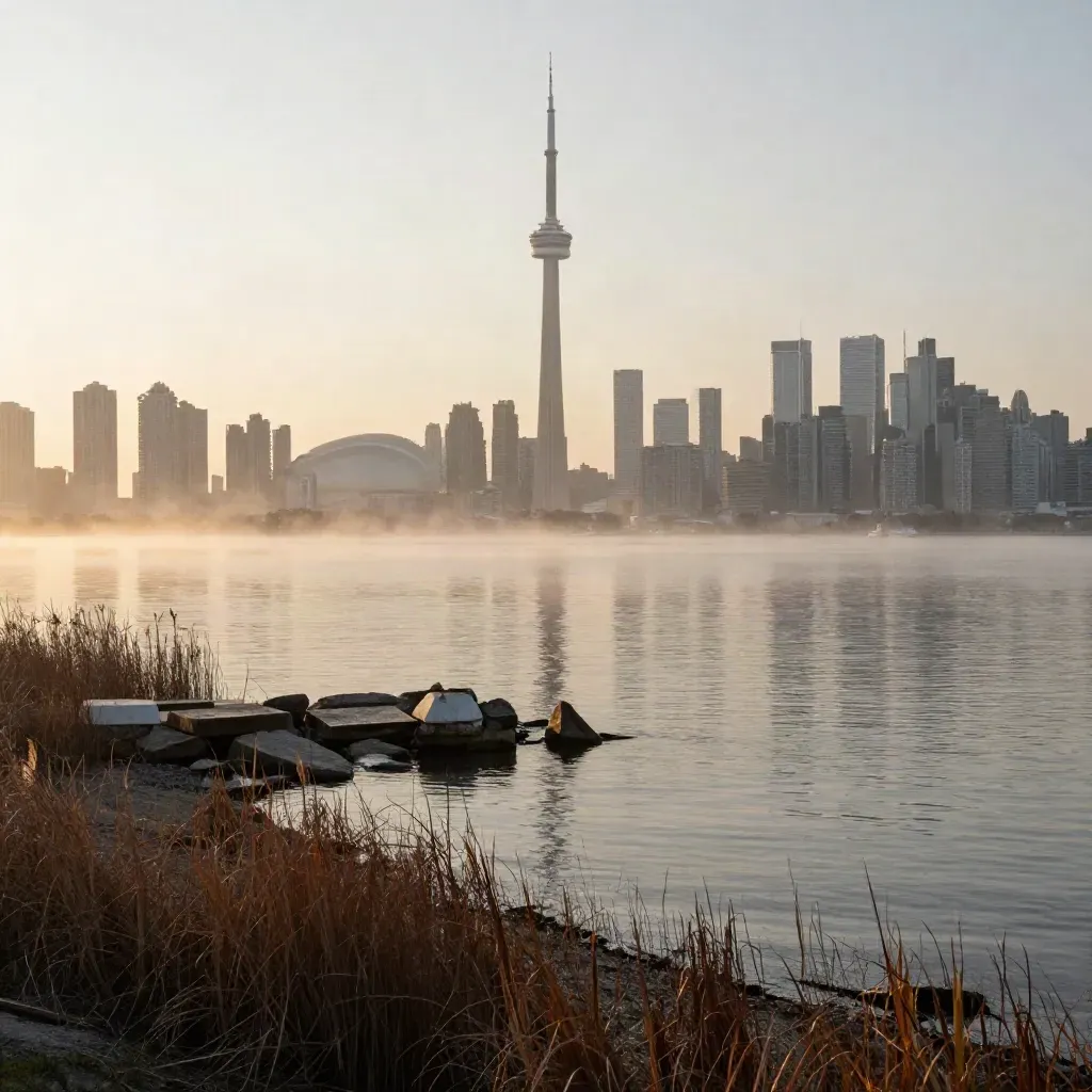 Toronto skyline rises through dawn mist over calm lake water with marsh grasses in the foreground