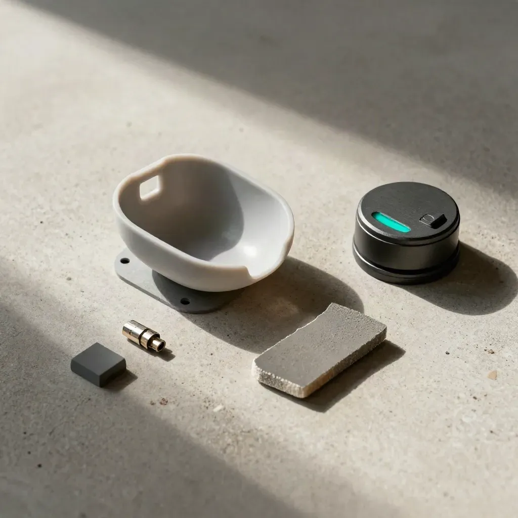 Overhead prototype shell, test fragment and headset dock on dusty concrete with a cyan glow.