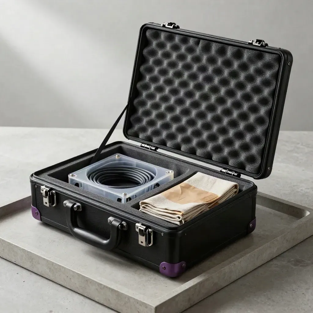 Open flight case with prototype parts, cable and pouch on a stone tray in soft studio light.