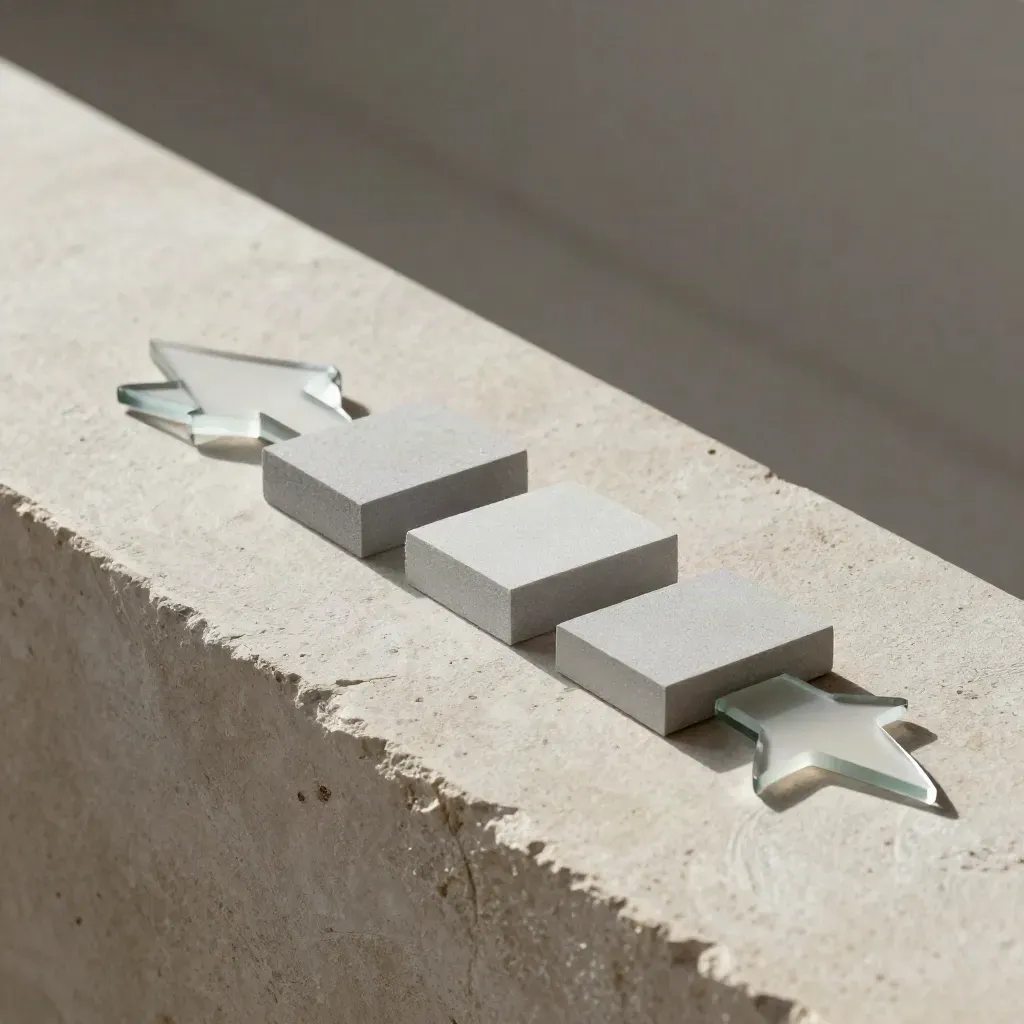 Frosted acrylic arrows, foam blocks, and a wire loop marker on pale stone.