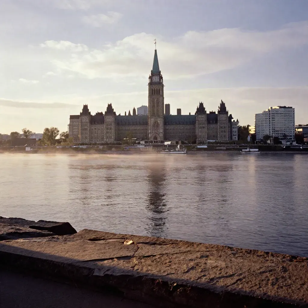 Parliament Hill above a misty Ottawa River corridor at golden hour