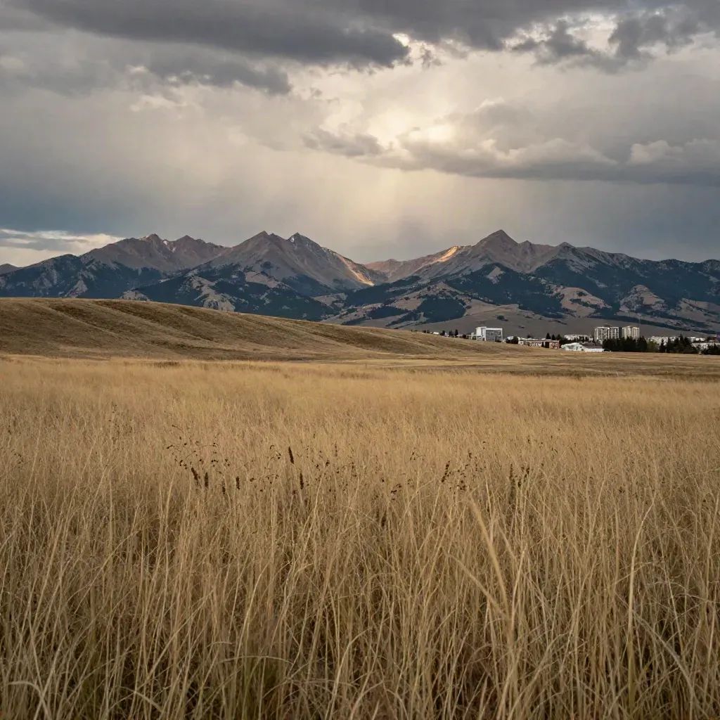 Calgary prairie foreground with skyline high, storm break light, and the Rockies beyond.