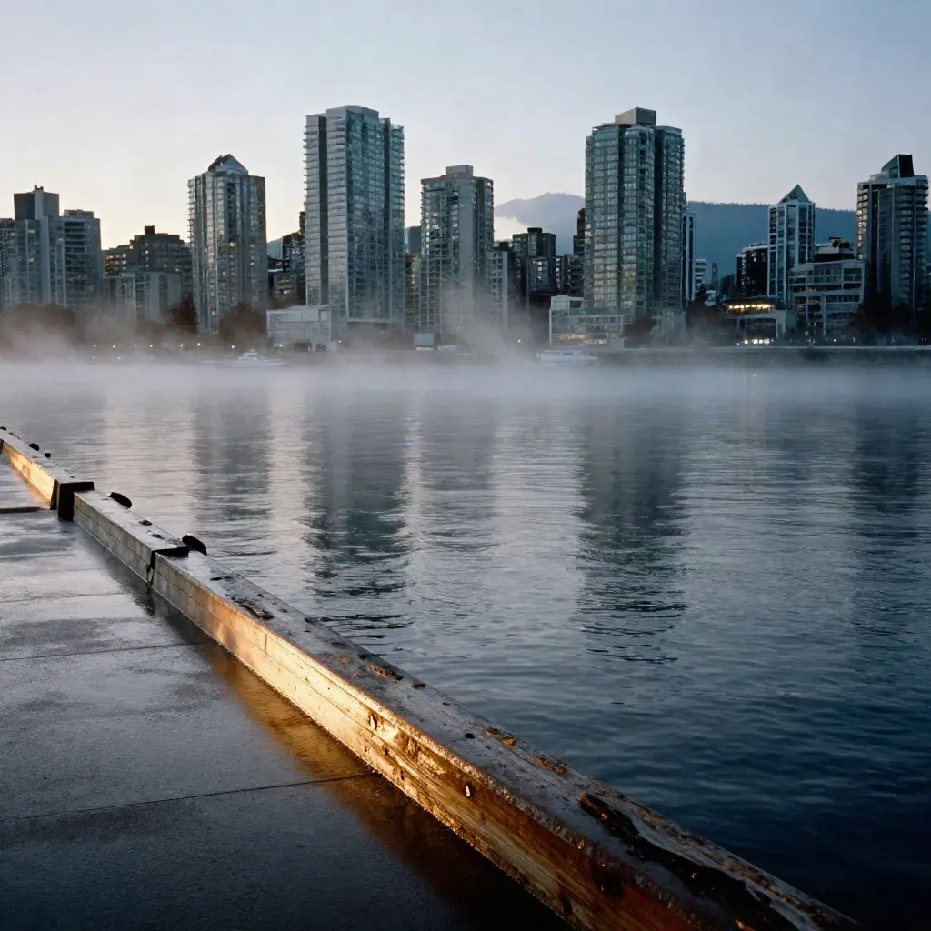 Vancouver harbour with mist, towers and mountains above calm water at blue hour.