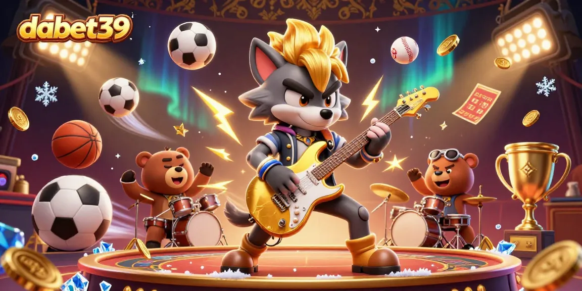 dabet39 showcases a vibrant casino scene with a rock star wolf and dynamic sports elements.