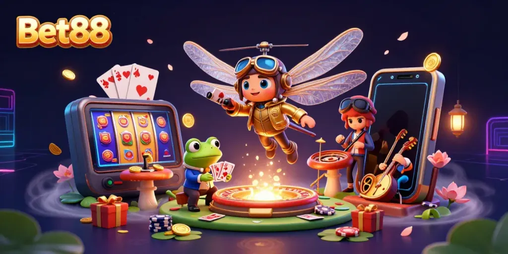 Experience the thrill at Bet88 with vibrant casino scenes featuring dynamic gaming elements.