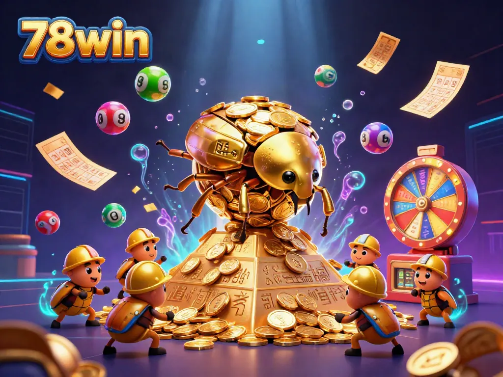 Experience exciting wins with the 78win golden dung beetle rolling coins in a vibrant casino scene.