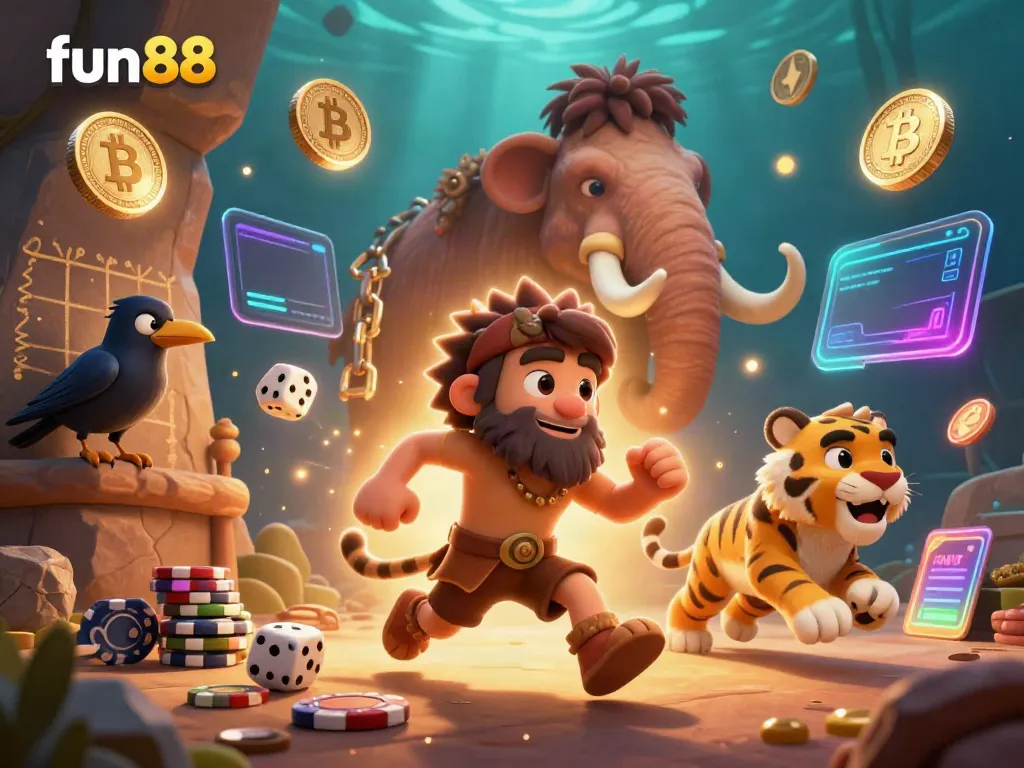 Engage with fun88's vivid 3D casino illustration showcasing a caveman and sabertooth duo gaming.