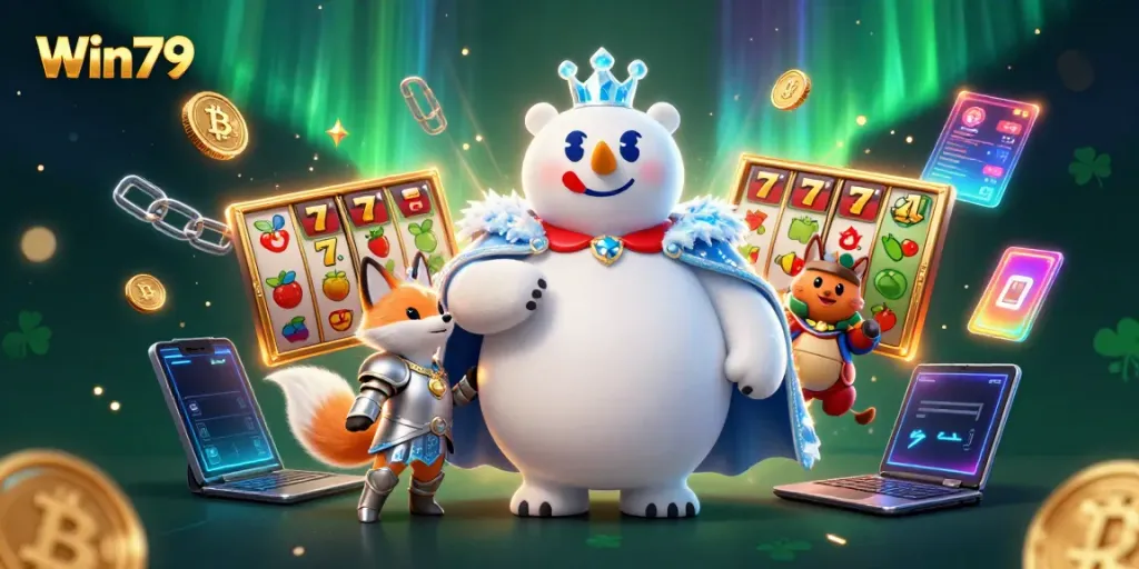 Experience thrilling jackpots and dynamic gameplay at Win79, featuring vibrant slot elements and crypto coins.