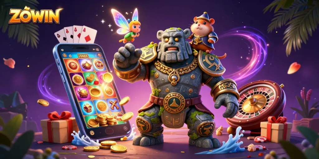 Spin the reels at ZOWIN with a magical golem, fairy, and hamster knight in an enchanting casino scene.