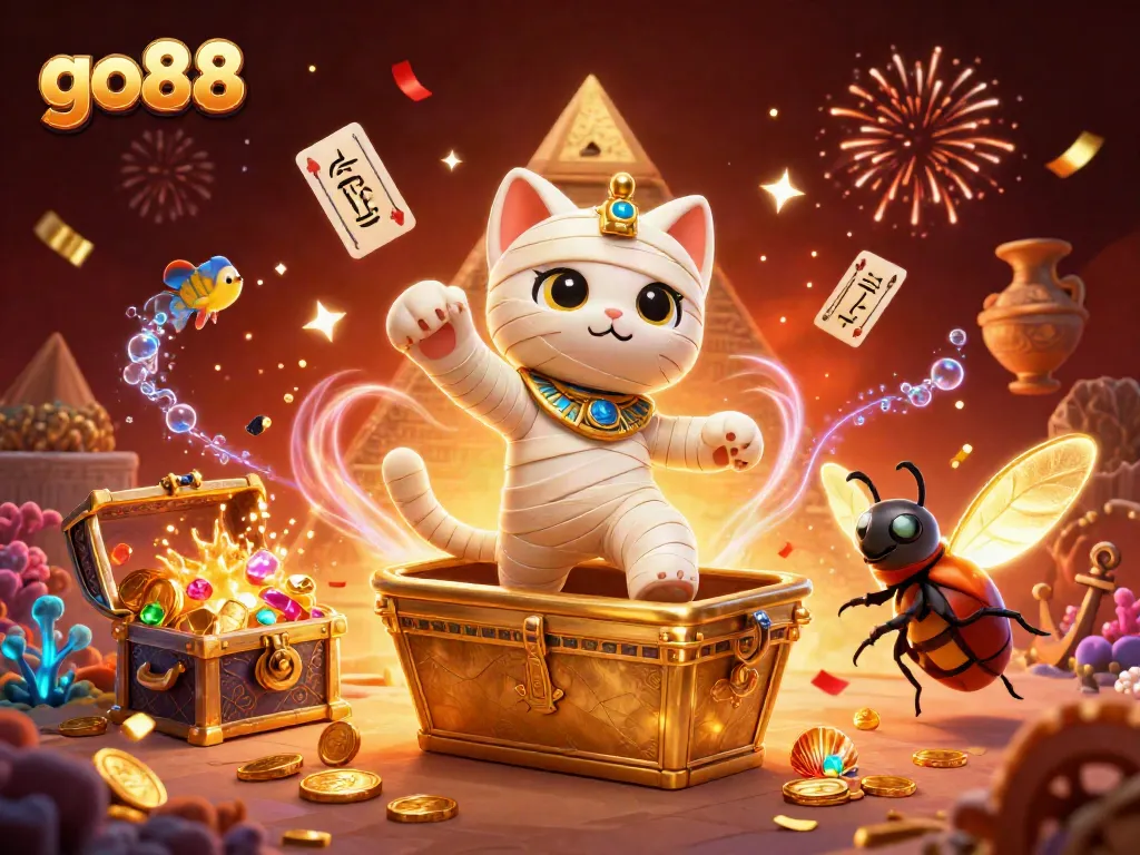 Engage with go88's thrilling casino experience, featuring Egyptian-themed illustrations and gaming elements.