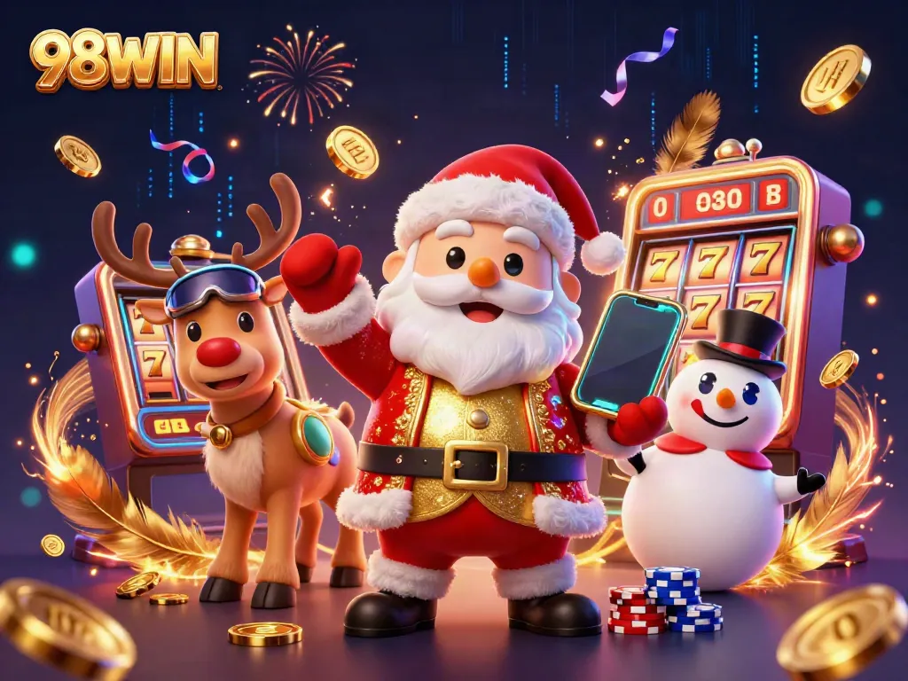 Celebrate wins at 98WIN with Santa and friends in this vibrant casino illustration.