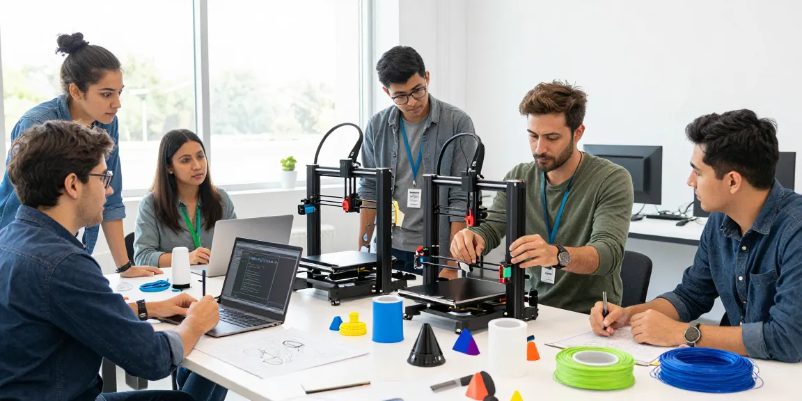 Diverse team collaborating on a Creality 3D printer project in a bright workshop, showcasing innovation and teamwork.
