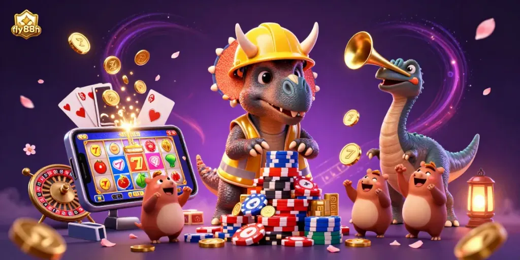 Fly88h's 3D cartoon characters celebrate with vibrant slot games, coins, and poker chips.