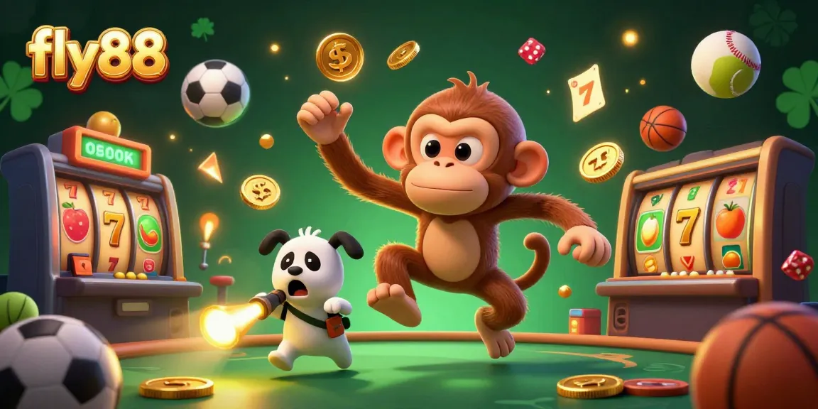 Engage in thrilling casino action with fly88 as golden coins and sports elements swirl around in a vivid illustration.