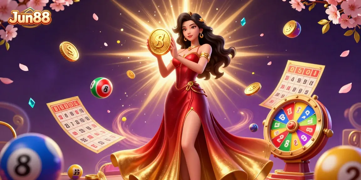 Experience the thrill of winning at Jun88 with vibrant games and golden opportunities blooming in a majestic casino scene.