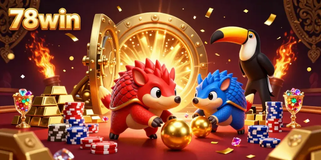 Experience thrilling gameplay at 78win with vibrant pangolins rolling golden balls amid casino excitement.