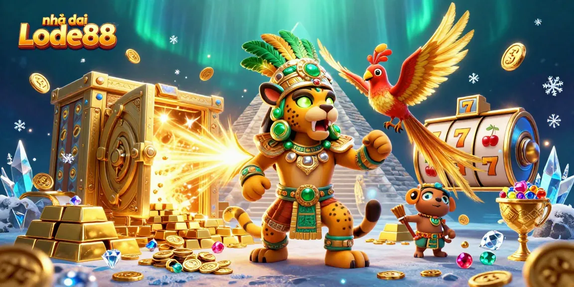 Experience thrilling gameplay at Nhà cái Lode88 with an electrifying illustration of slot action, gems, and wealth.