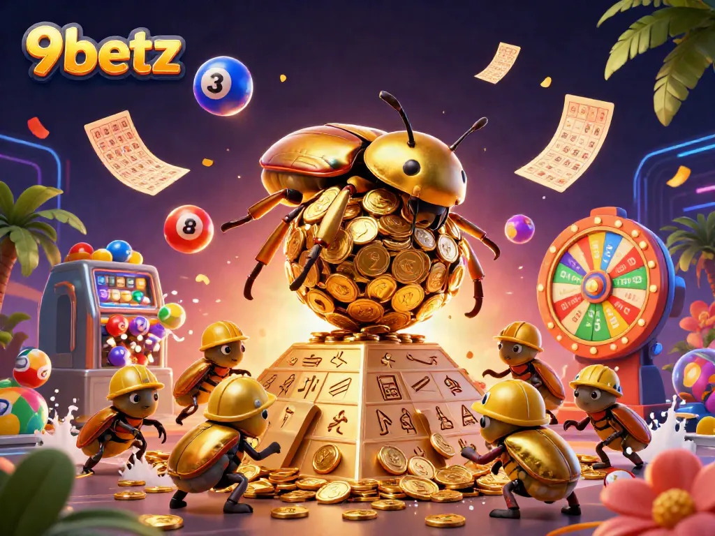 Engage in thrilling gaming with 9betz, a lively 3D depiction of playful beetles amidst casino-inspired elements.