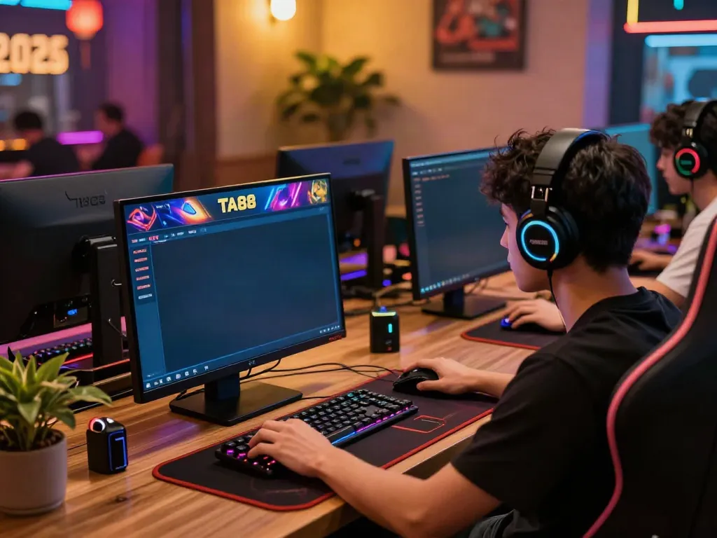 Engaged gambler on https://ta88.network/ betting online with dynamic gaming setup.