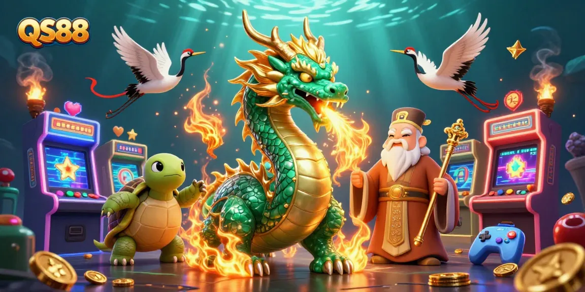 Engage with QS88's thrilling casino atmosphere featuring an emerald jade dragon and vibrant gaming elements.