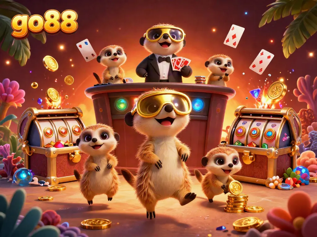 Watch meerkats operate a vibrant go88 casino with slots, gems, and gold coins, capturing the excitement of gaming.