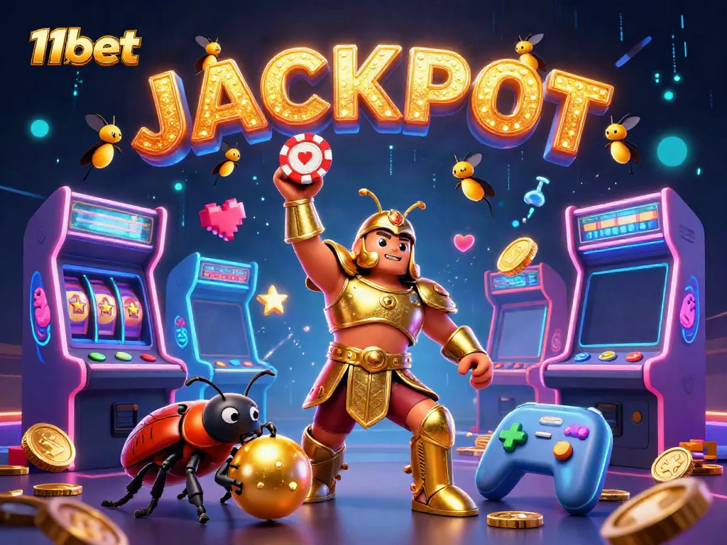 Engage with 11bet's vibrant casino world, featuring cartoon beetles, poker chips, and gaming elements.