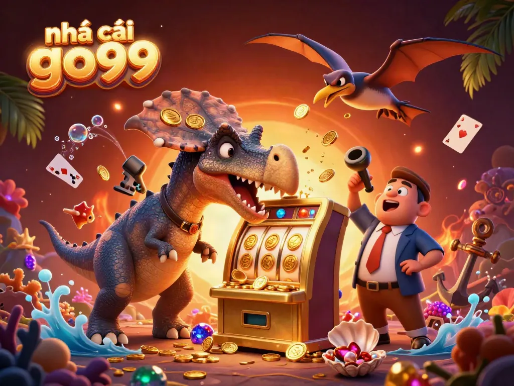 Experience excitement at nhà cái go99 as a pachycephalosaurus wins a jackpot with coins flying across a vibrant casino!