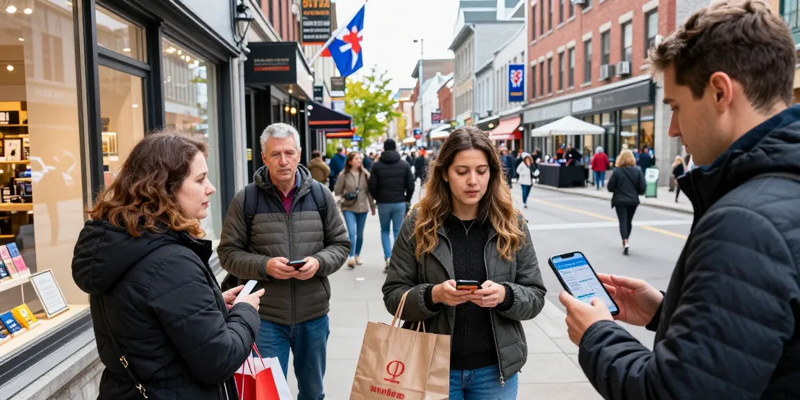 Shoppers using the quebec sales tax calculator 2026 in a vibrant urban scene, highlighting local commerce.