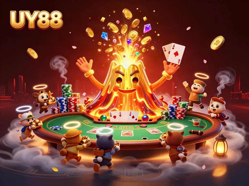 Engage in thrilling gameplay at UY88's online casino, featuring a vibrant 3D volcanic eruption illustrating the excitement of gaming.