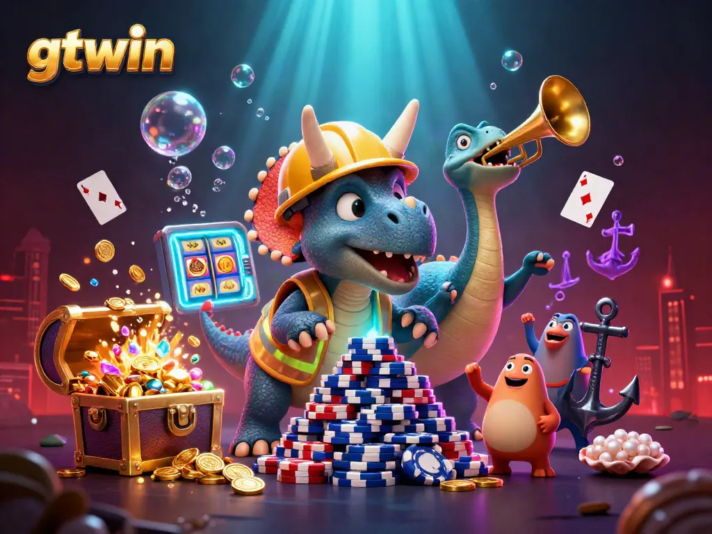 Experience gtwin’s thrilling casino universe with cartoon characters celebrating victory amidst gleaming slots and treasure.