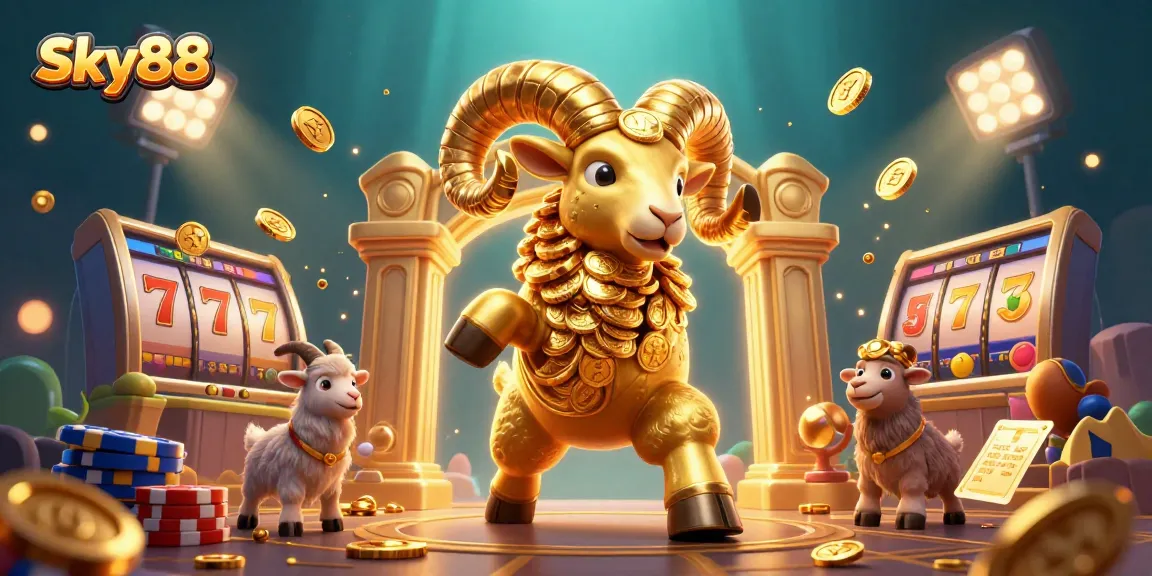 Sky88 showcases an exhilarating casino scene featuring a golden ram charging towards a jackpot gate amidst colorful slot symbols.