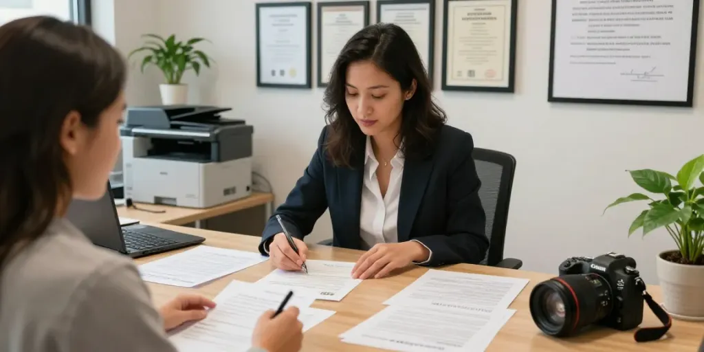 Apostille of birth certificate service interaction in Toronto office, documents displayed on table.
