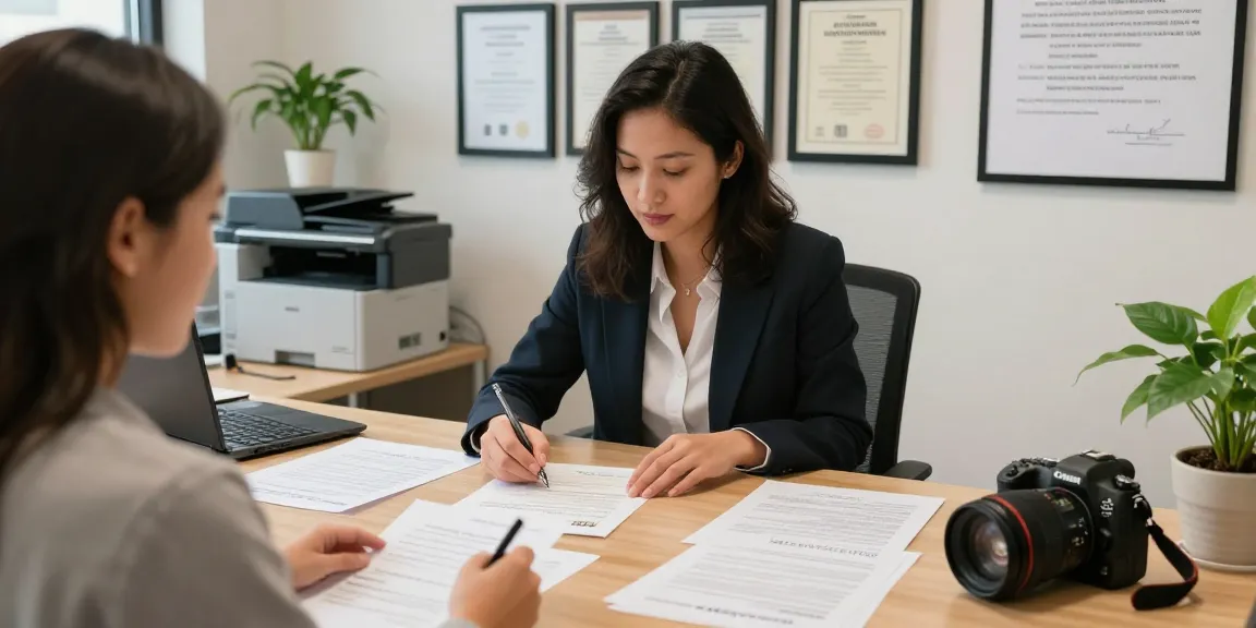 Apostille of birth certificate service interaction in Toronto office, documents displayed on table.