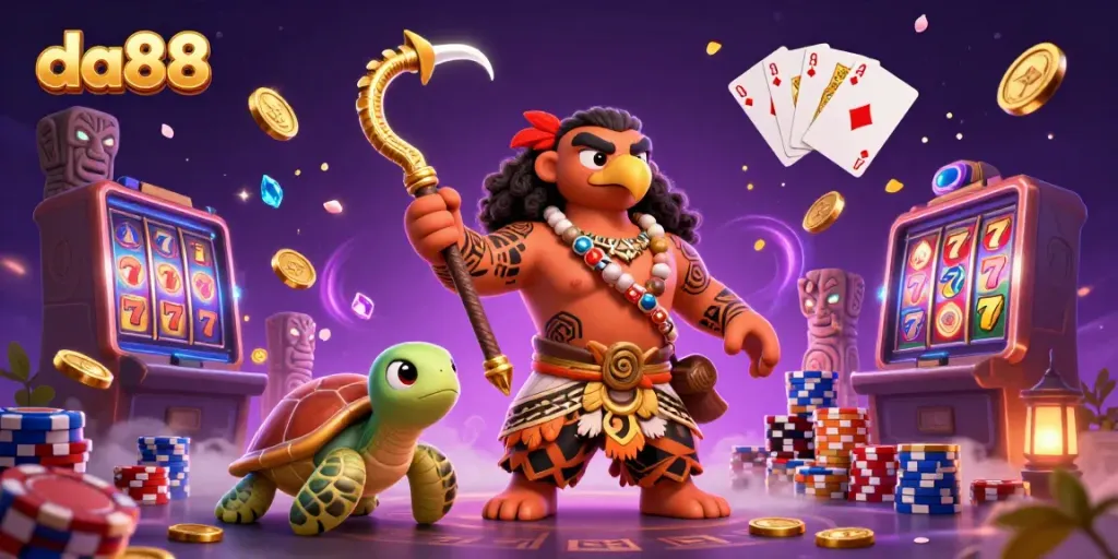 Engage with the da88 brand through this vibrant 3D casino illustration showcasing exciting gaming elements.