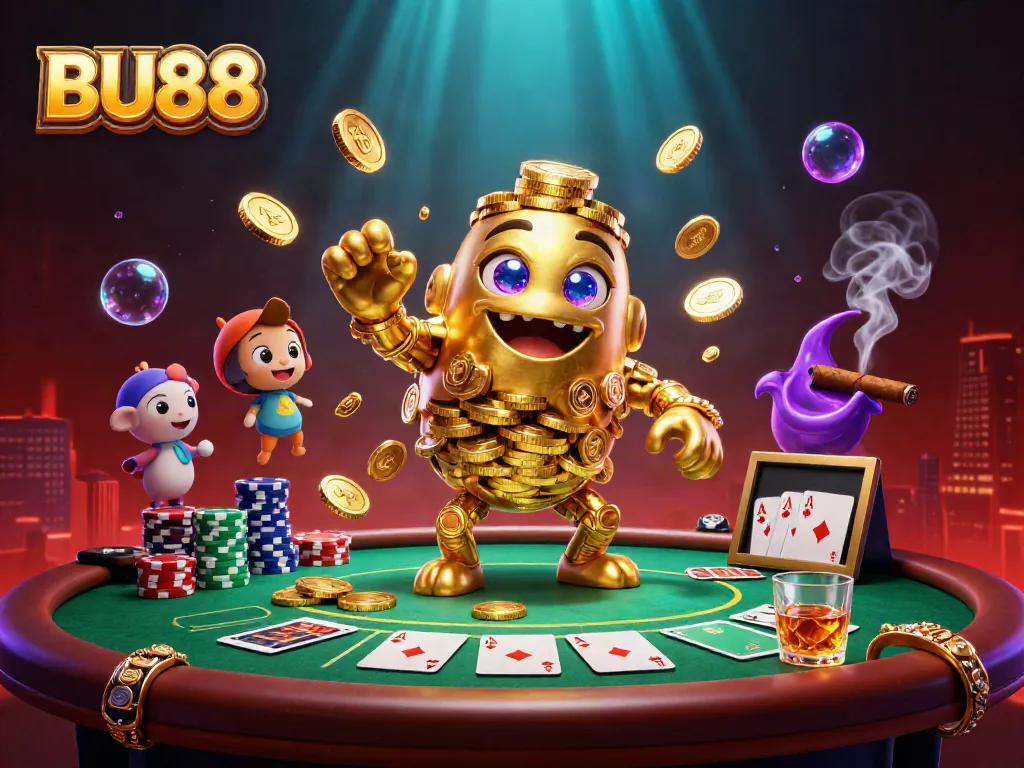 Experience thrilling gameplay with the BU88 gold golem surrounded by poker elements and vibrant casino atmosphere.