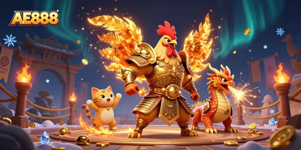 Engage with the vibrant world of AE888 featuring a fiery rooster warrior and an armored dragon in a dynamic casino scene.