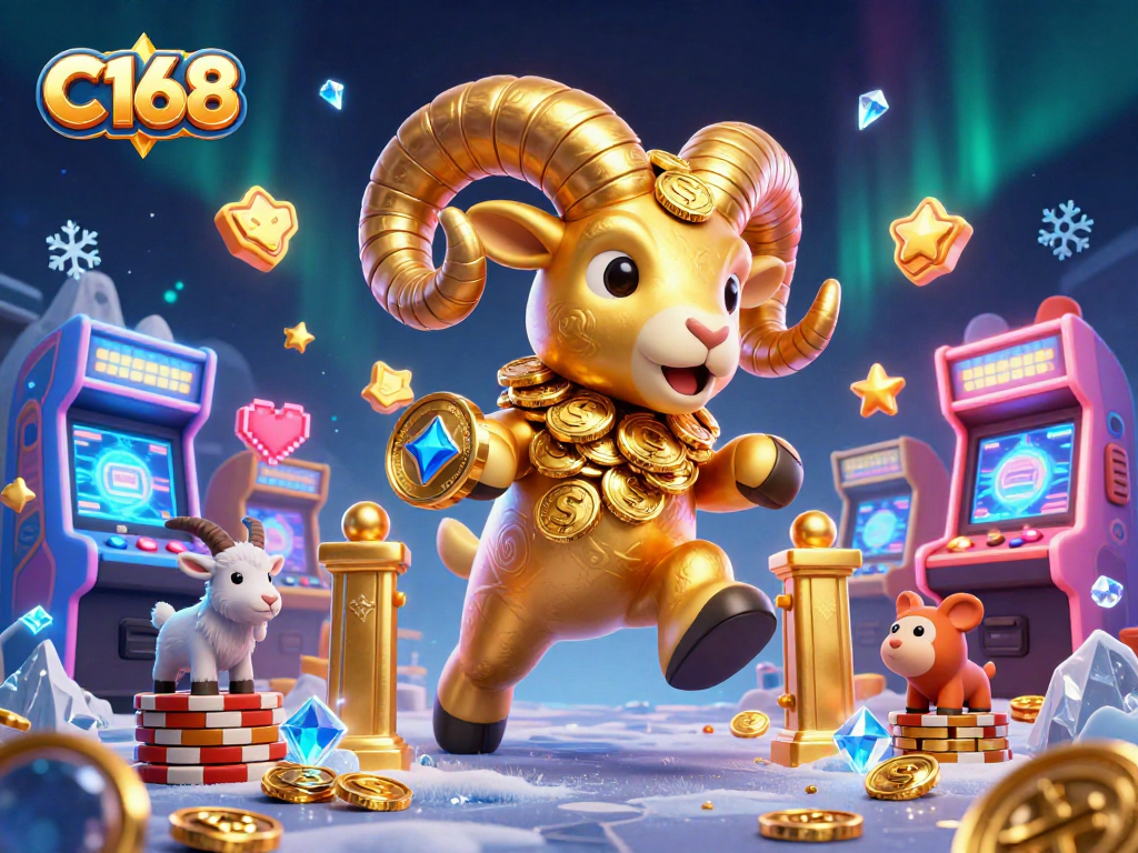 Engage in the thrilling C168 experience featuring a golden ram charging through a vibrant casino scene.