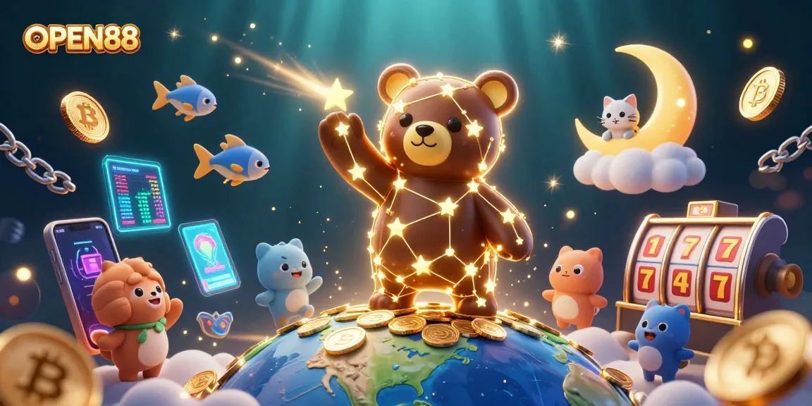 Experience an exciting OPEN88 casino scene with a golden constellation bear and vibrant crypto elements.