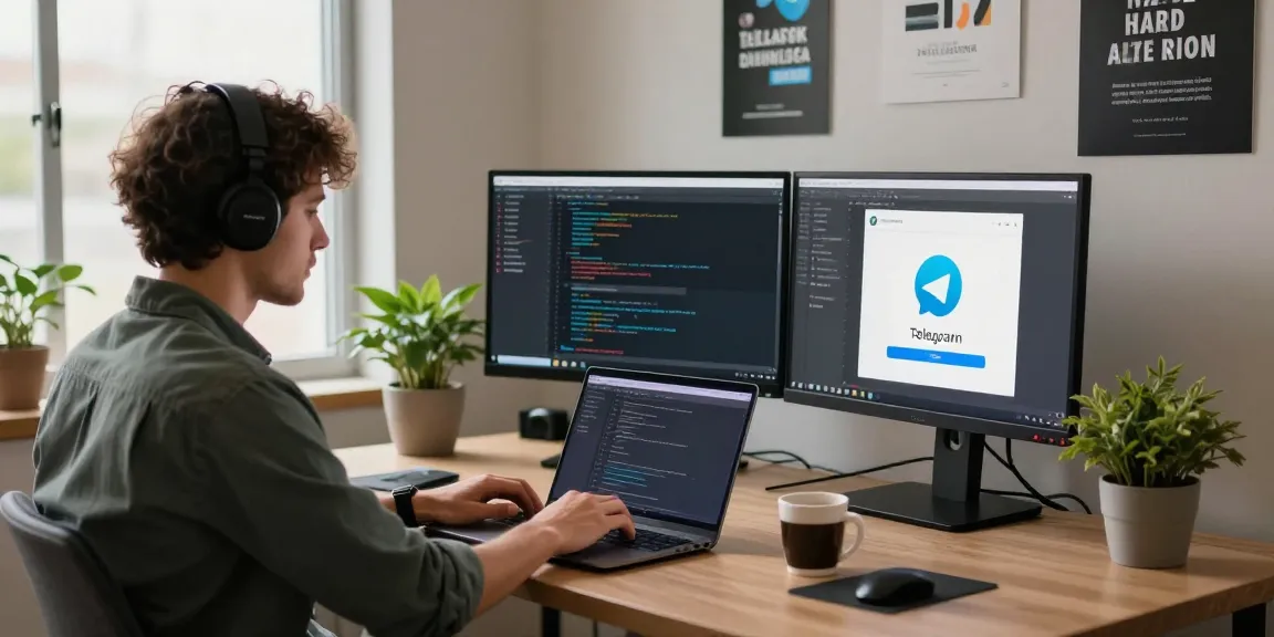 Focused workspace for Telegram download development featuring a programmer and dual monitors in a bright tech environment.