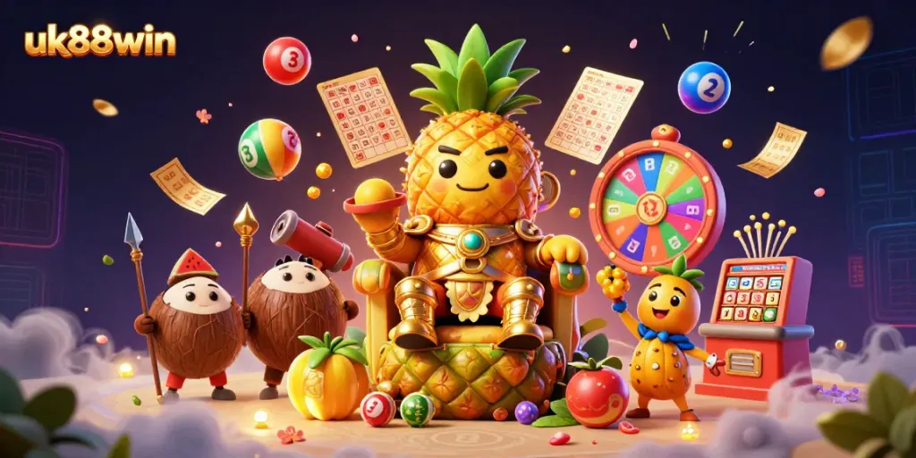 Experience the excitement of uk88win with a vibrant casino scene featuring a golden pineapple king and dynamic games.