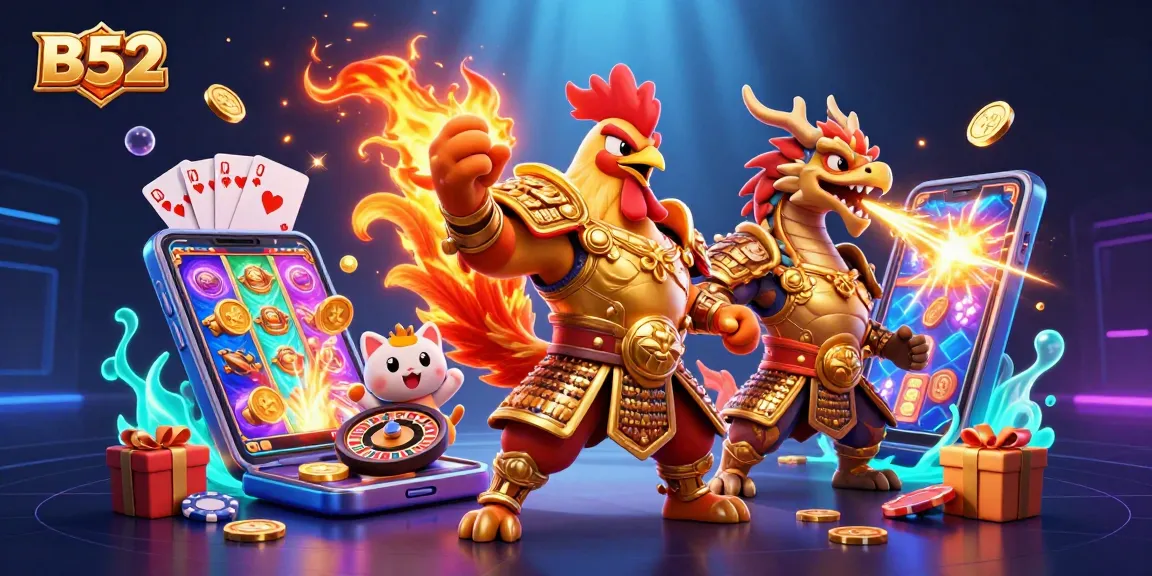 Experience the thrilling B52 slots action with a golden rooster and dragon in a vibrant casino scene.