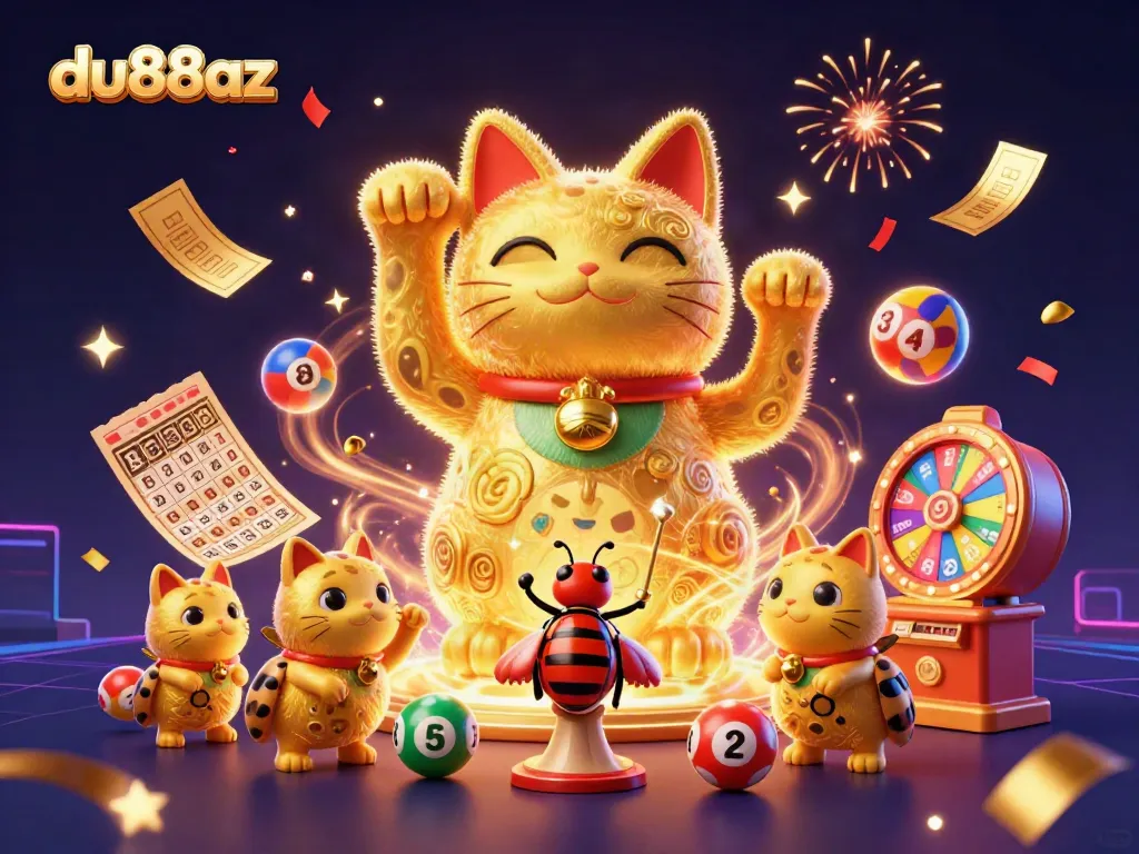 Experience the excitement of du88az with a vibrant 3D illustration of a lucky cat and dynamic casino games.