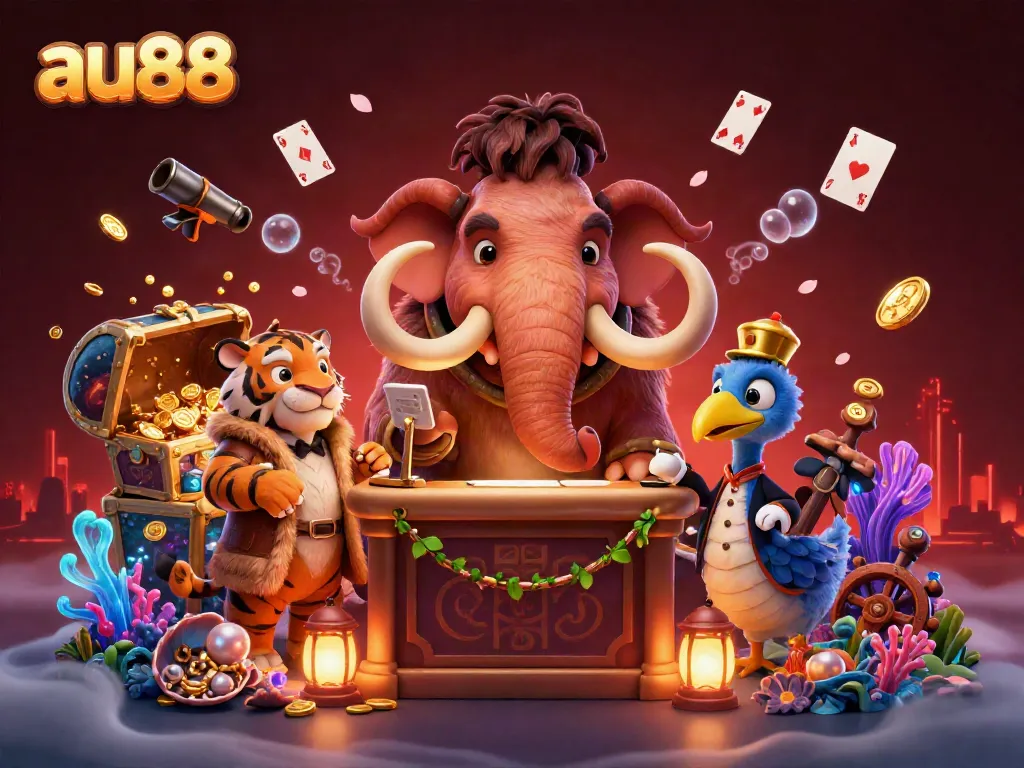 Experience thrilling moments at au88 with a vibrant 3D casino scene featuring unique cartoon characters.