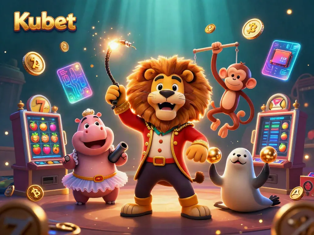 Kubet offers an immersive gaming experience with vibrant circus characters and slot elements surrounding them.