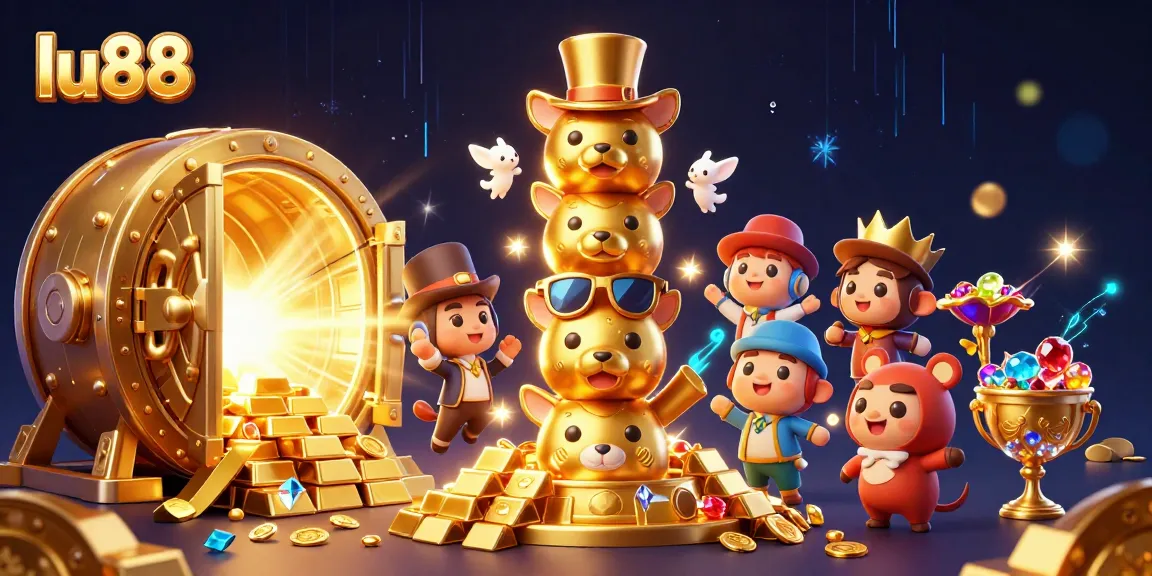 Experience thrilling wins at lu88 with a dynamic cartoon casino scene filled with treasures.